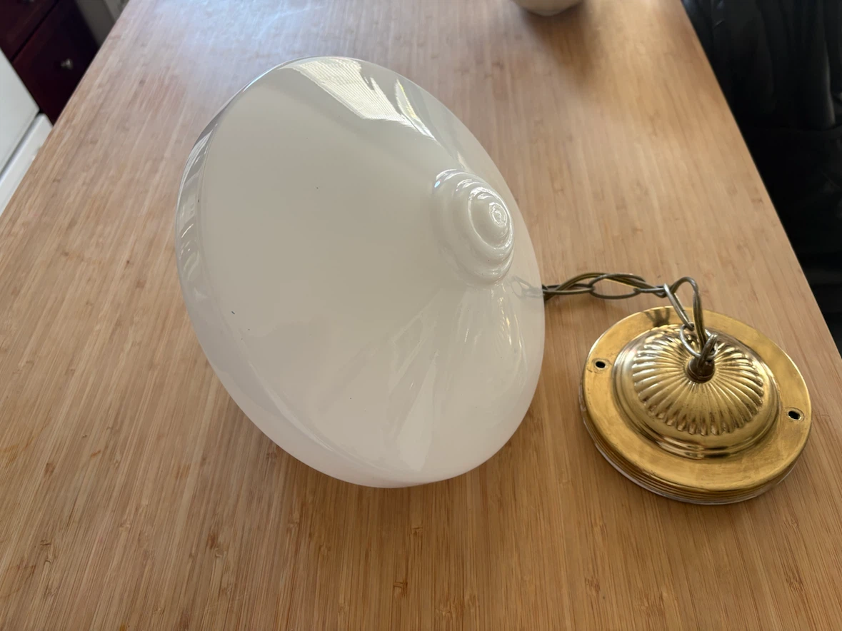 Vintage White Glass Pendant Light Fixture with Brass Chain - photo 3