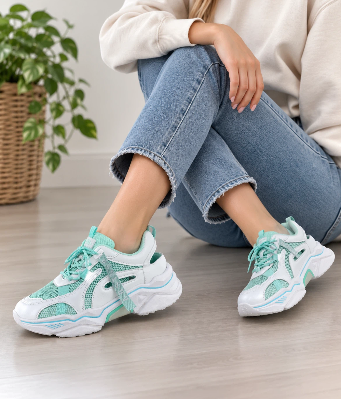 White and Mint Green Chunky Sneakers