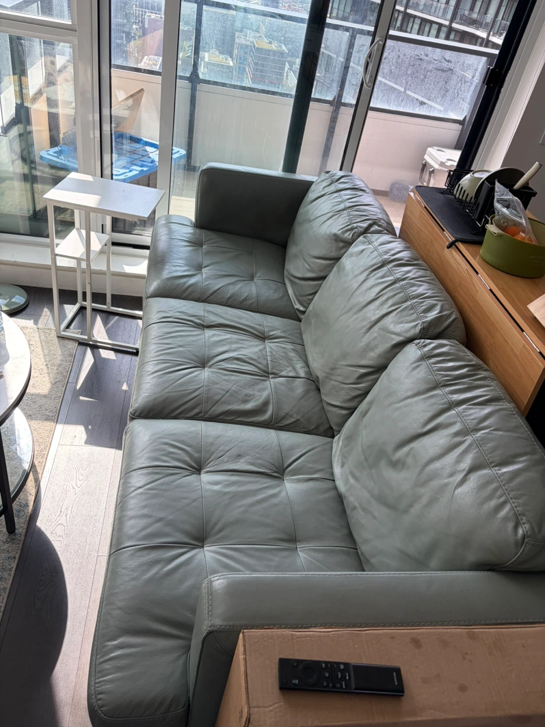 Light Blue Leather 3-Seater Sofa - photo 2