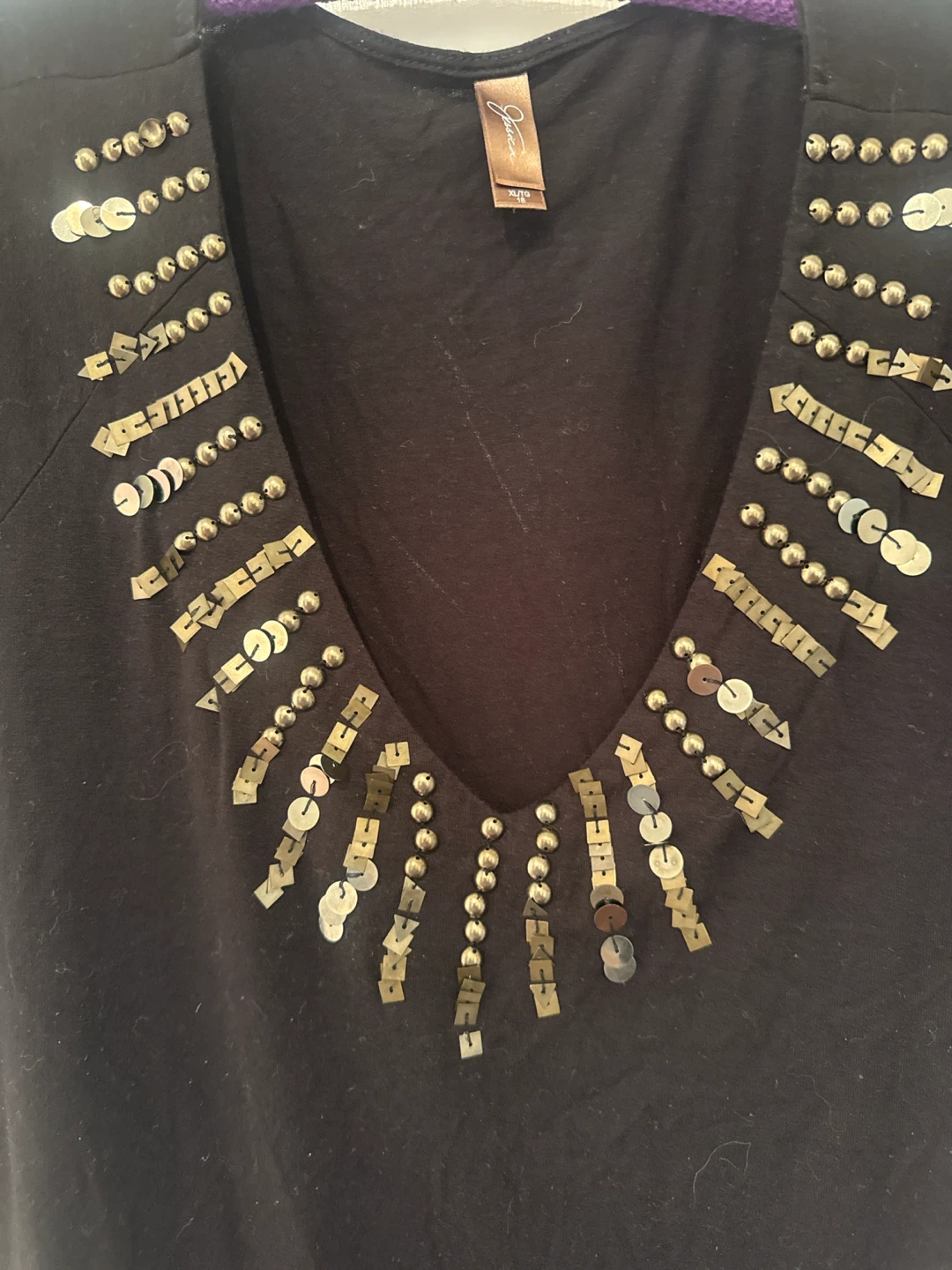 Black Sequin Embellished V-Neck Top