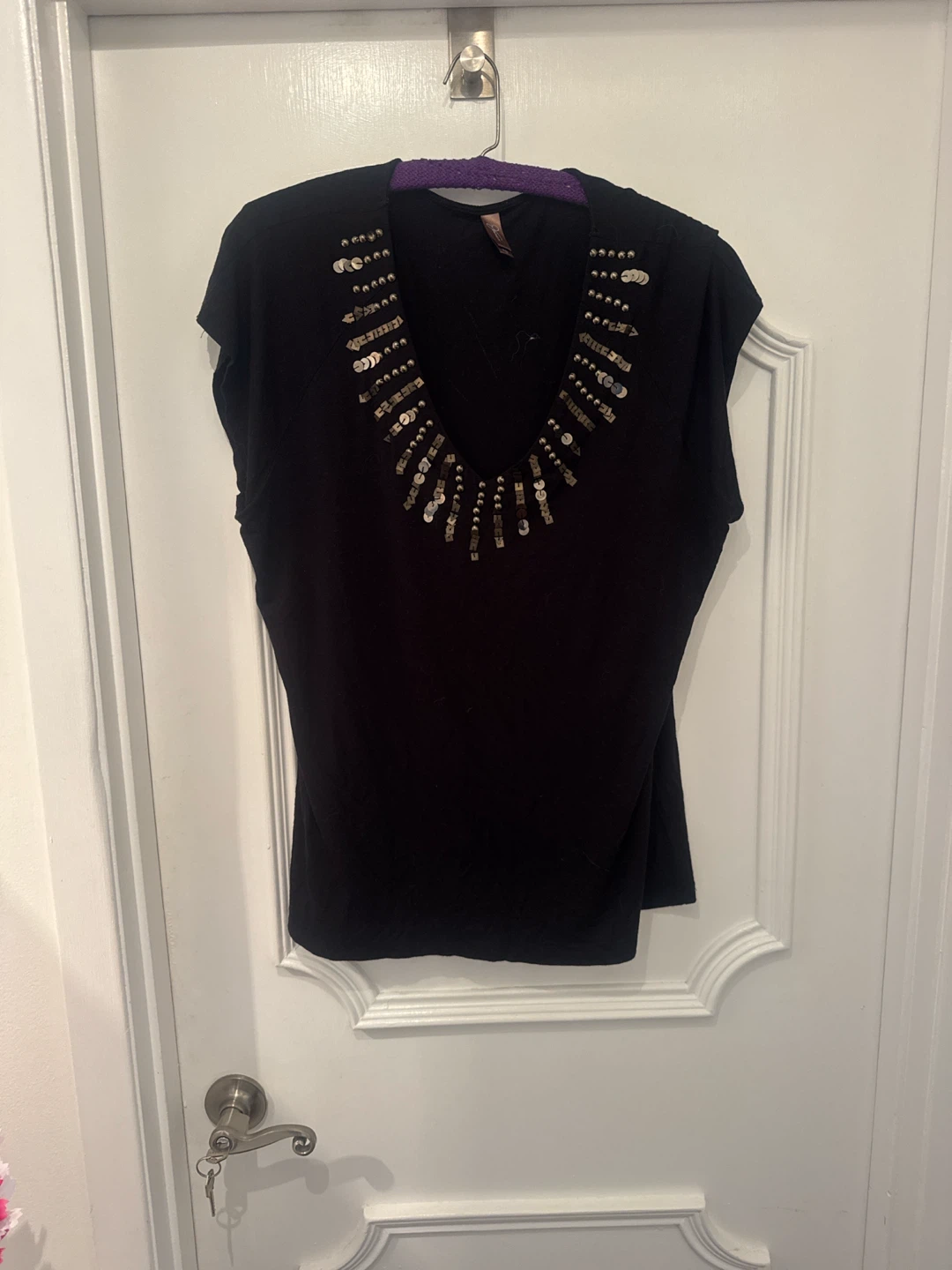 Black Sequin Embellished V-Neck Top - photo 3
