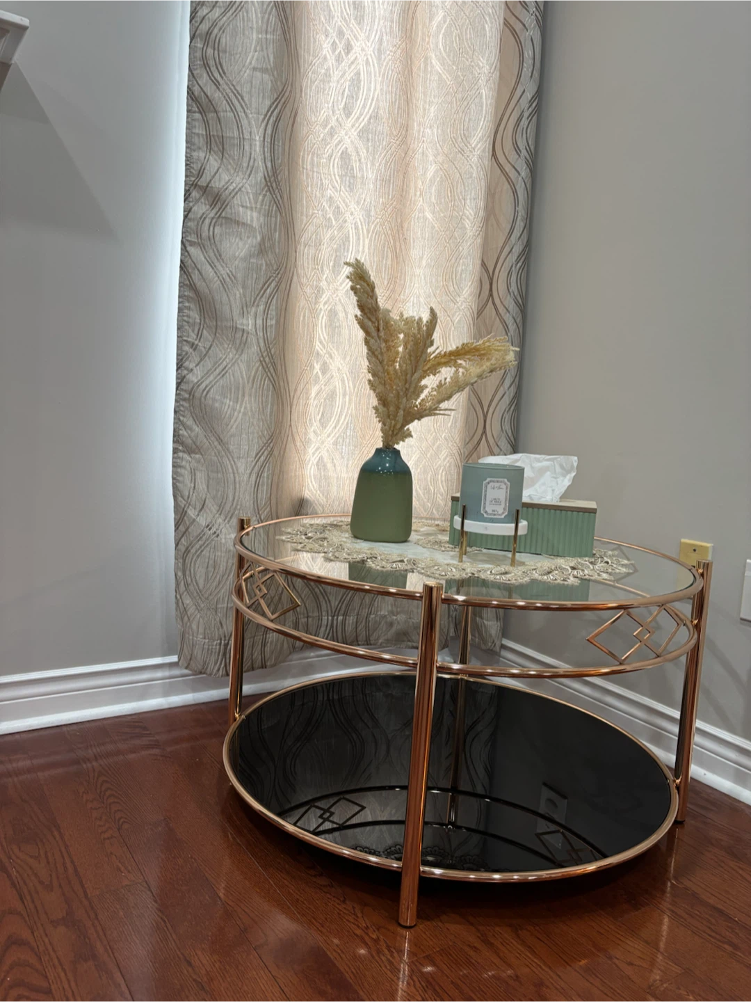 Round Coffee Table with Glass and Gold Frame