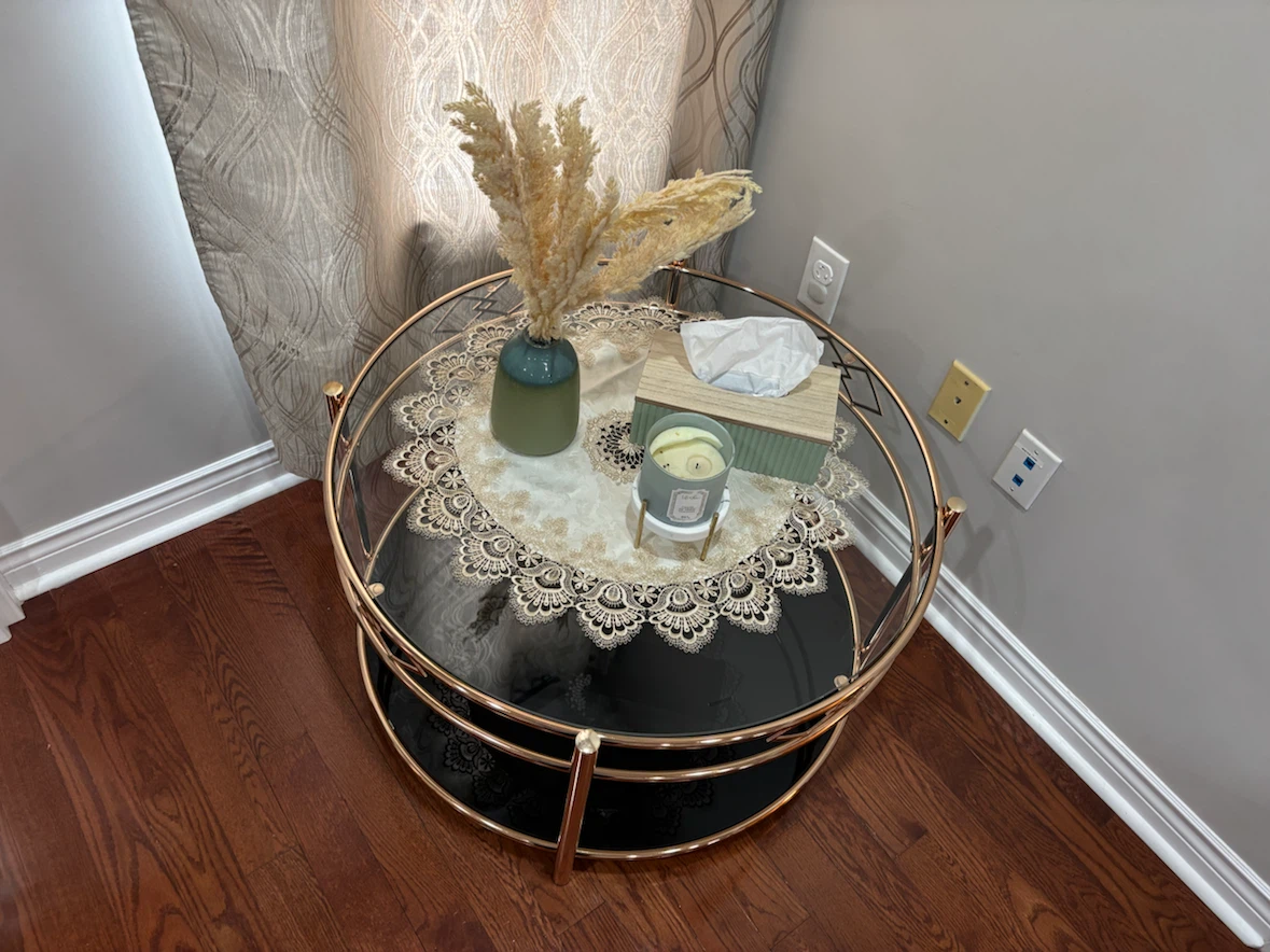 Round Coffee Table with Glass and Gold Frame - photo 2