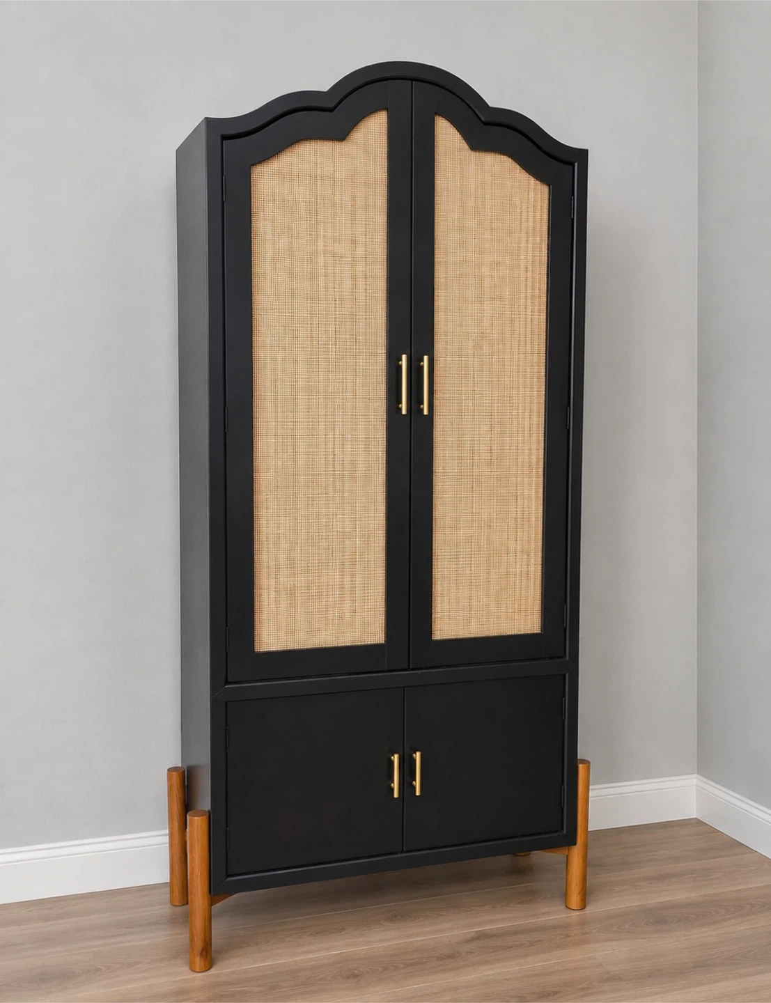 New Boho Bohemian Black and Rattan Storage Cabinet