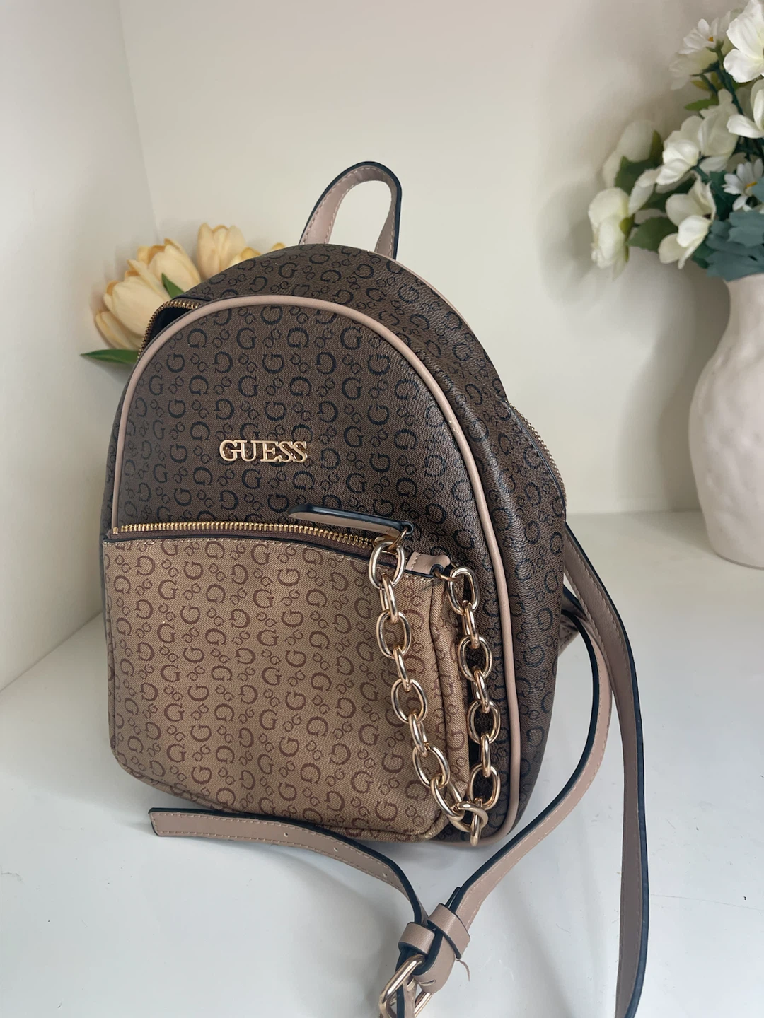 Guess Brown Monogram Mini Backpack