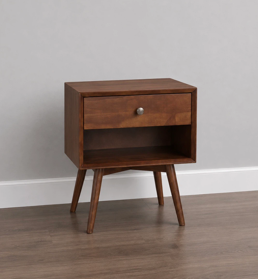 New Mid Century 1 Drawer Solid Wood Nightstand - Walnut Finish