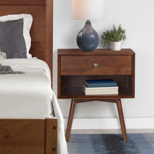 New Mid Century 1 Drawer Solid Wood Nightstand - Walnut Finish - photo 2