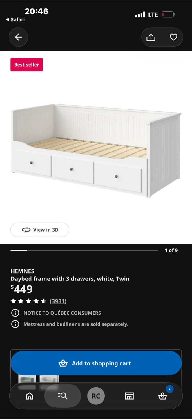 IKEA HEMNES Daybed Frame with 3 Drawers - White, Twin