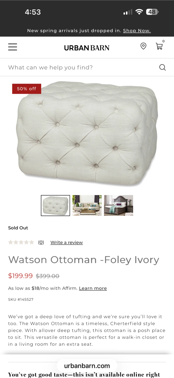 URBAN BARN CREME LINEN CUBE TUFTED OTTOMAN BENCH SEAT - photo 2