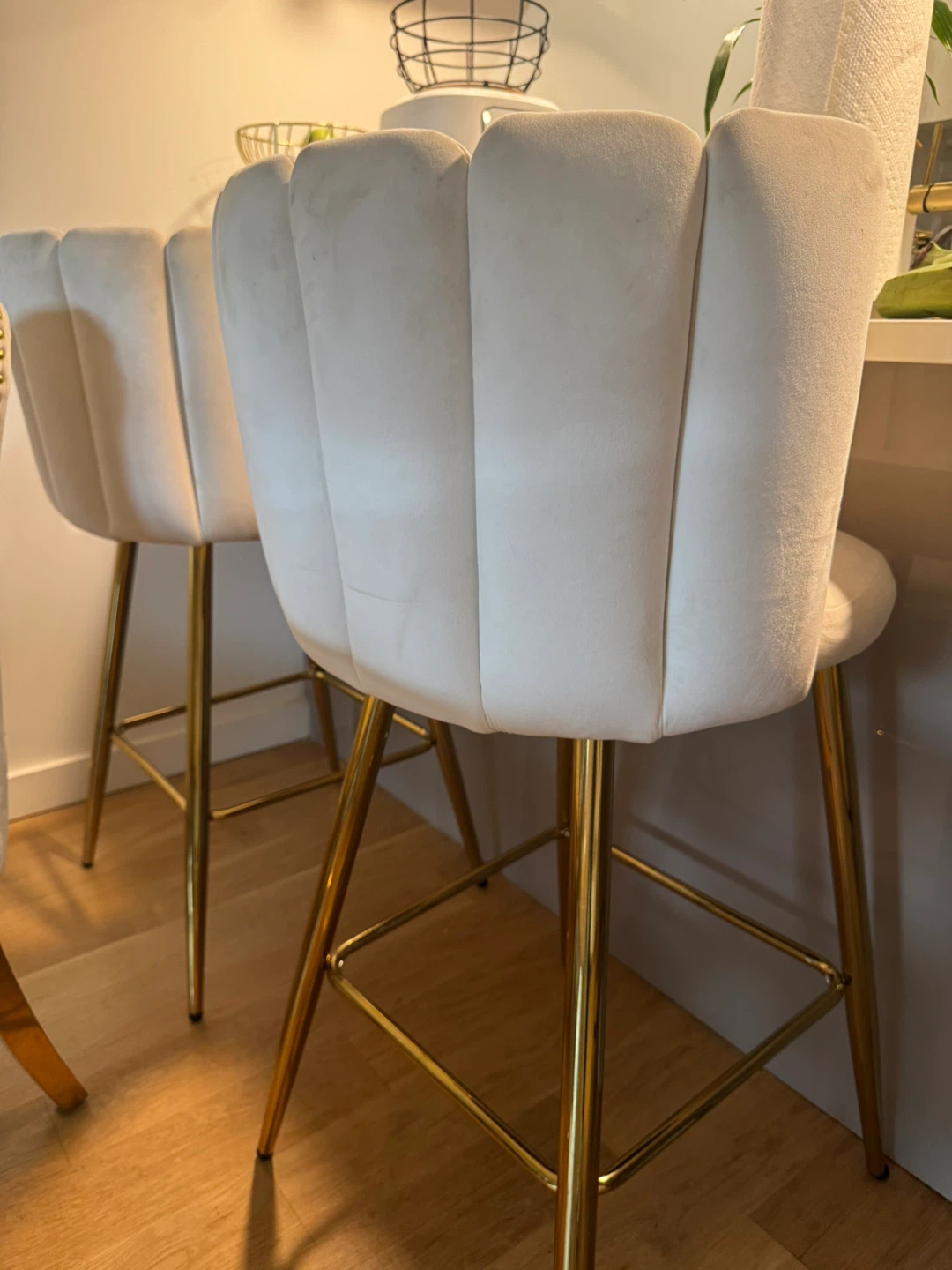 White Velvet Bar Stools with Gold Legs (Set of 2)