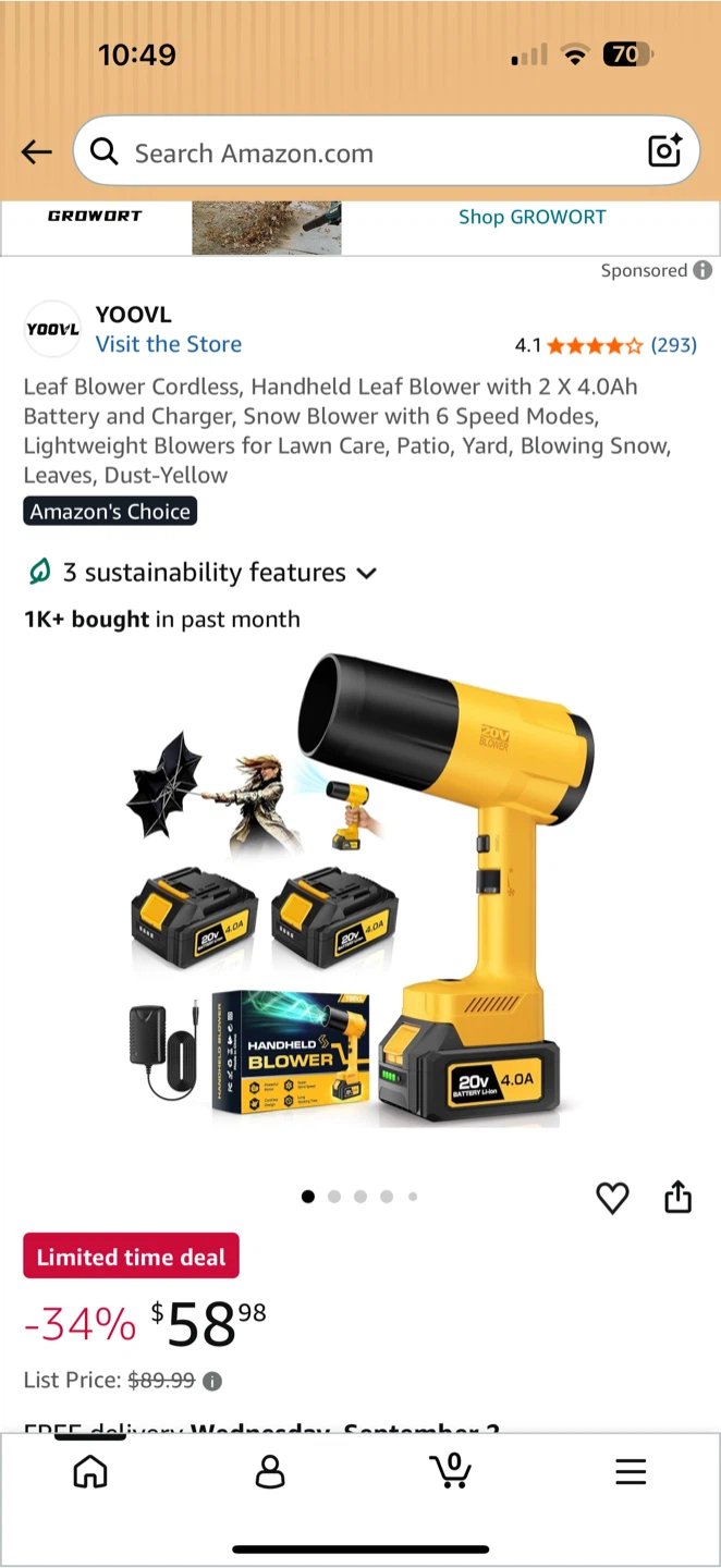 YOVOL Handheld Leaf Blower Cordless 20V 4.0AH - photo 3