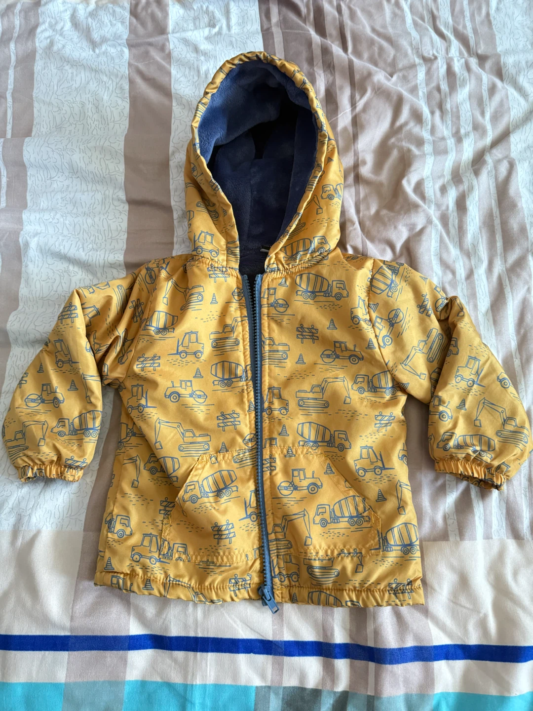 Kids Yellow Construction Print Hooded Fall Jacket