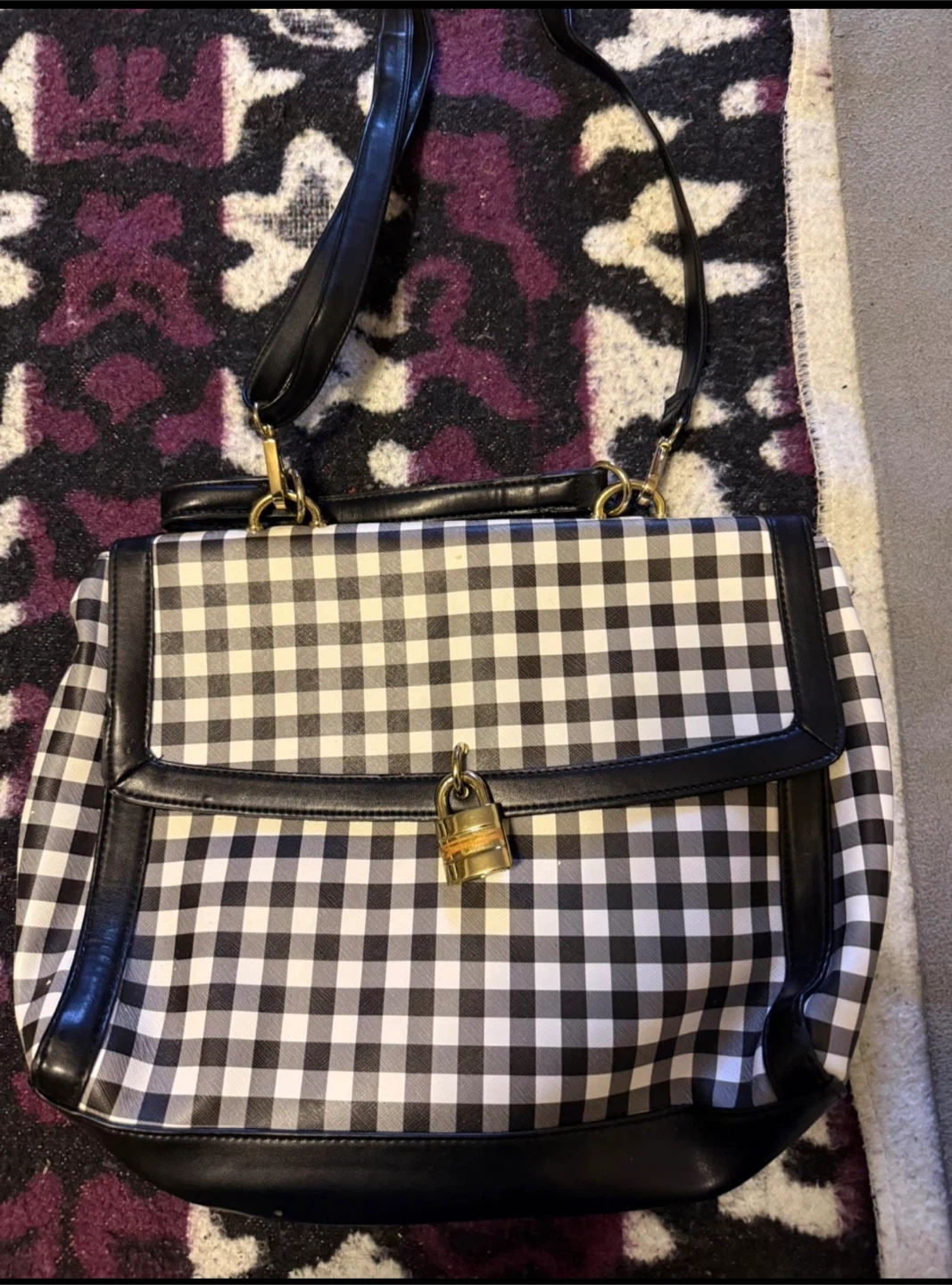 Black & White Gingham Satchel Bag with Lock