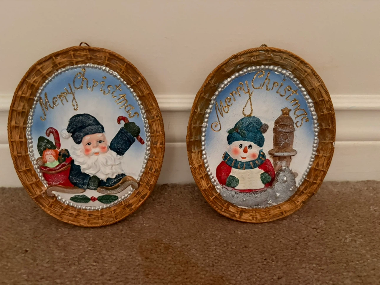 Pair of Christmas Wall Hangings - Santa & Snowman