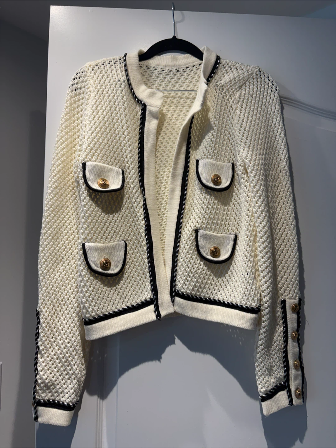 Cream knit cardigan with black trim and gold buttons - photo 2