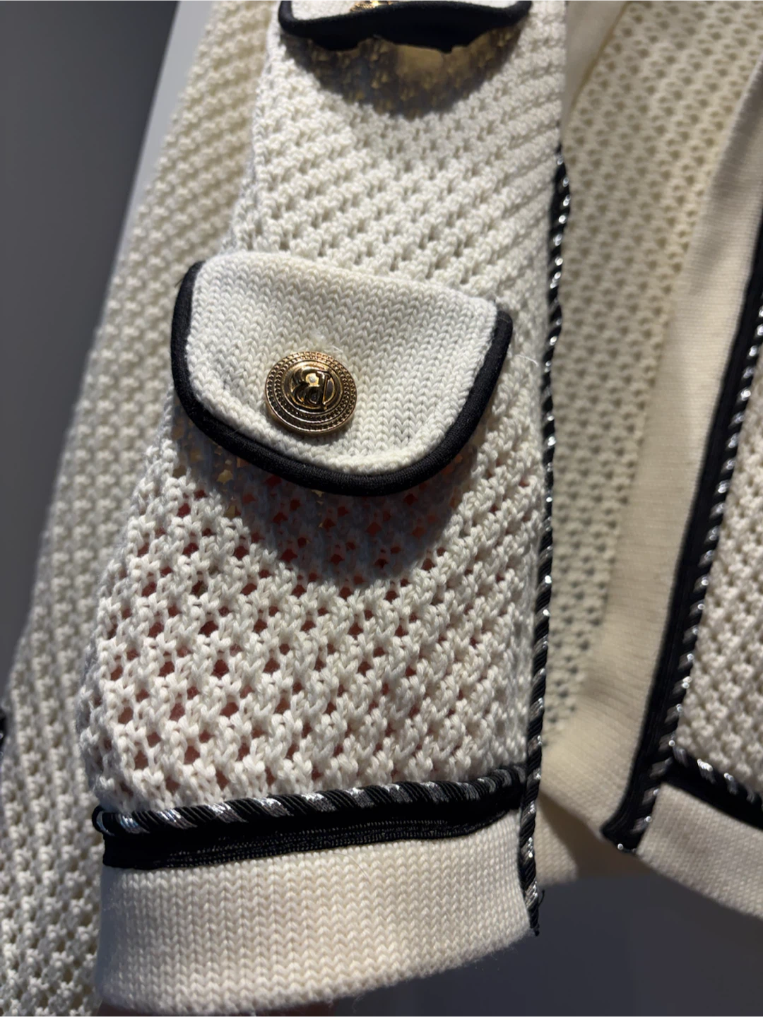 Cream knit cardigan with black trim and gold buttons - photo 4