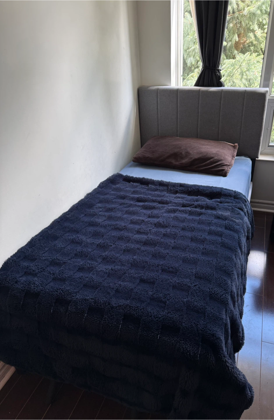 Grey Upholstered Twin Bed Frame with Vertical Channel Headboard