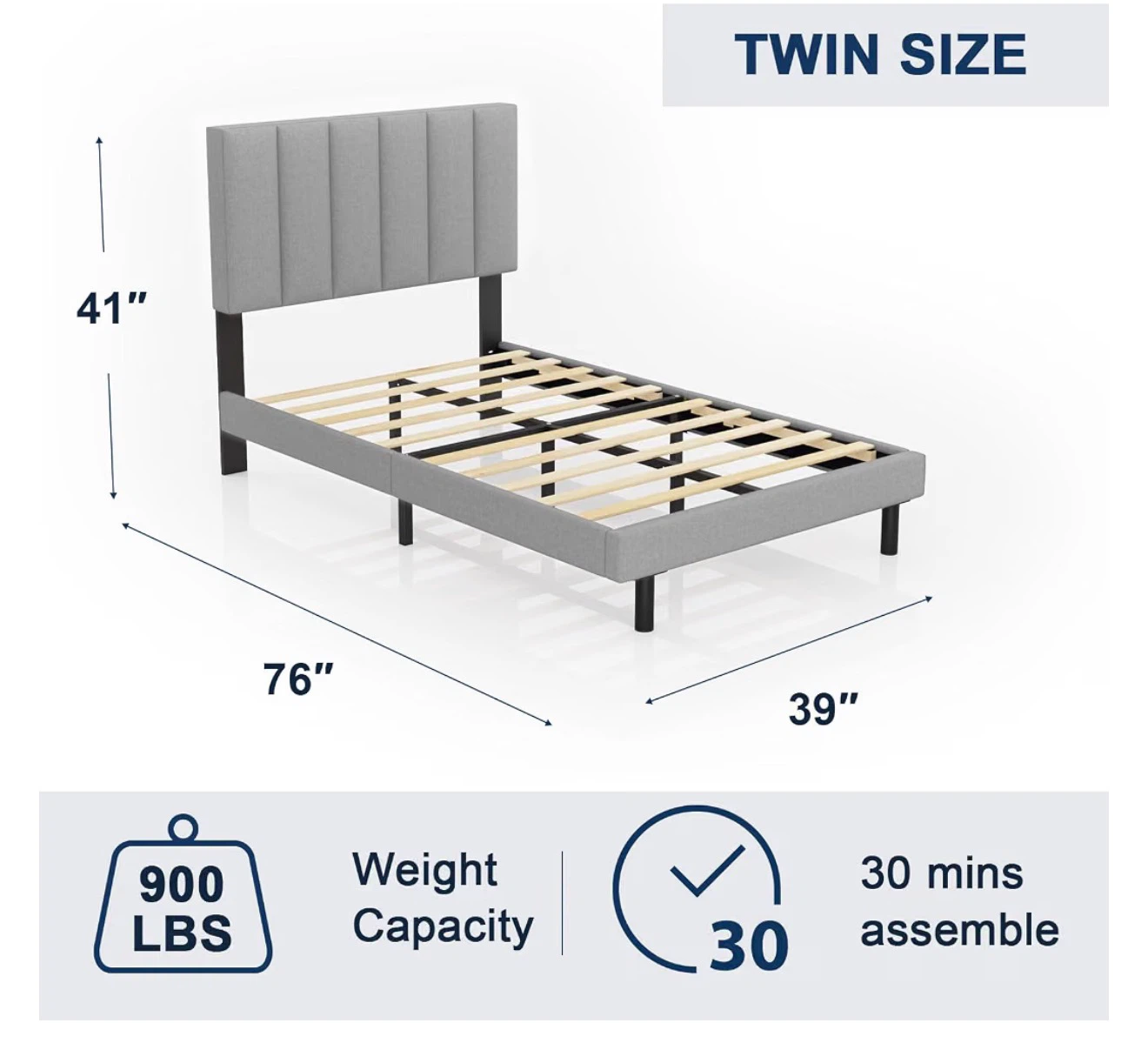 Grey Upholstered Twin Bed Frame with Vertical Channel Headboard - photo 4