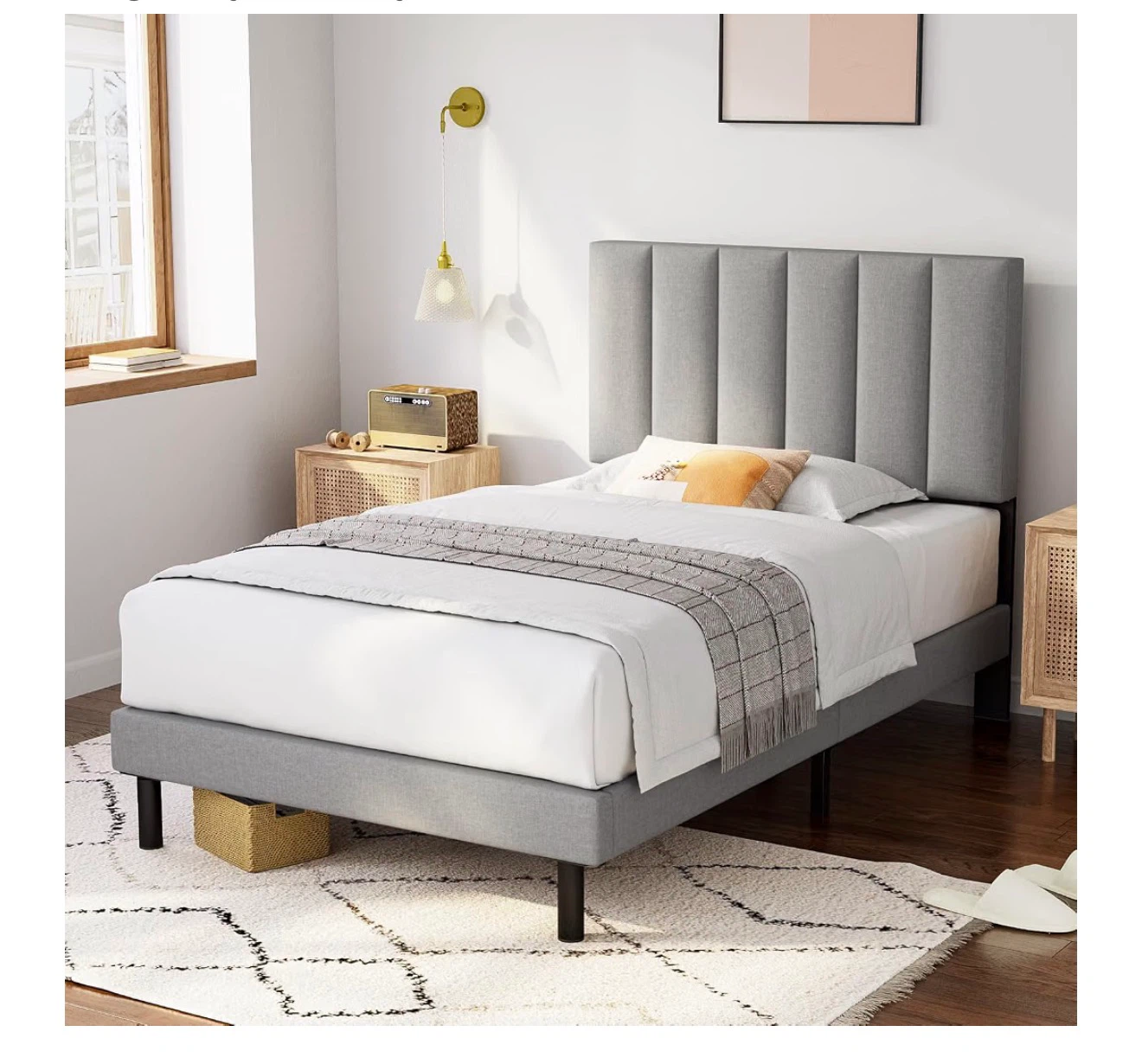 Grey Upholstered Twin Bed Frame with Vertical Channel Headboard - photo 5