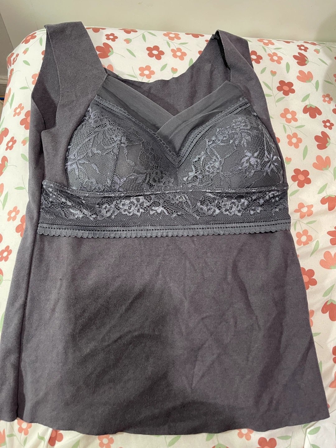 Gray Lace Trim Tank Top with Built-in Bra