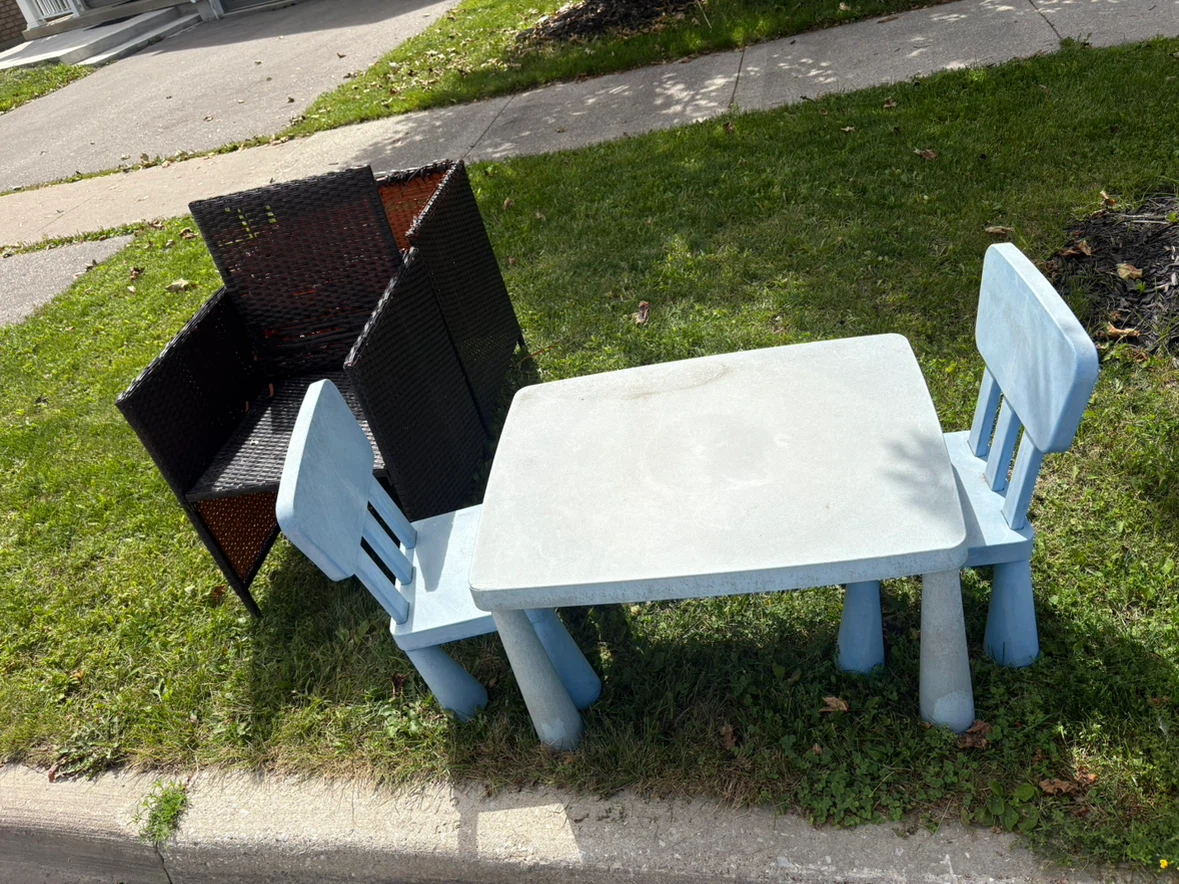 Kids Blue Table and Chairs Set and 2 patio chairs