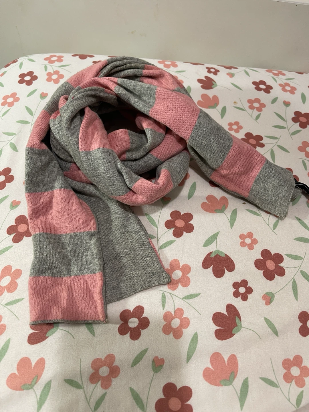 Pink and Gray Striped Scarf