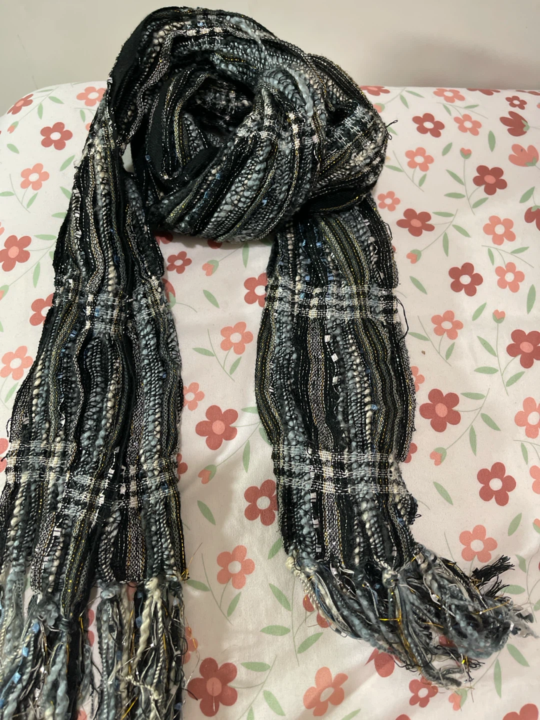 Textured Black and Blue Scarf with Fringe