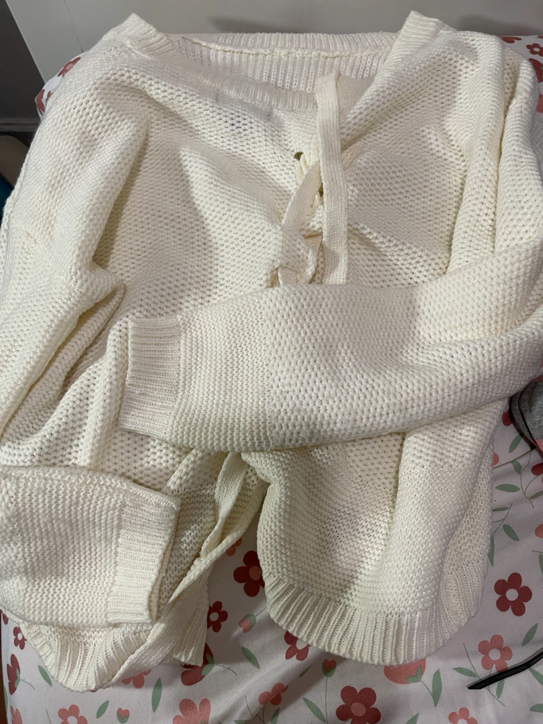 White Knit Lace-Up Sweater