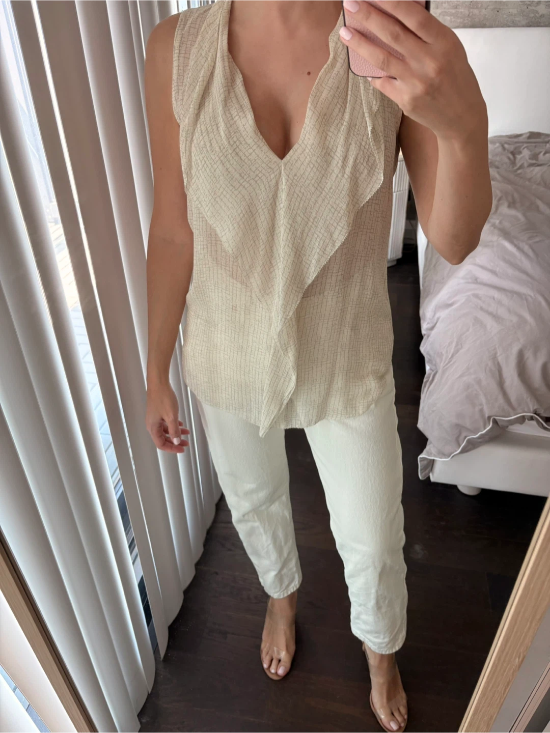 Aritzia Babaton 100% SILK Beige Sleeveless Ruffle V-Neck Top