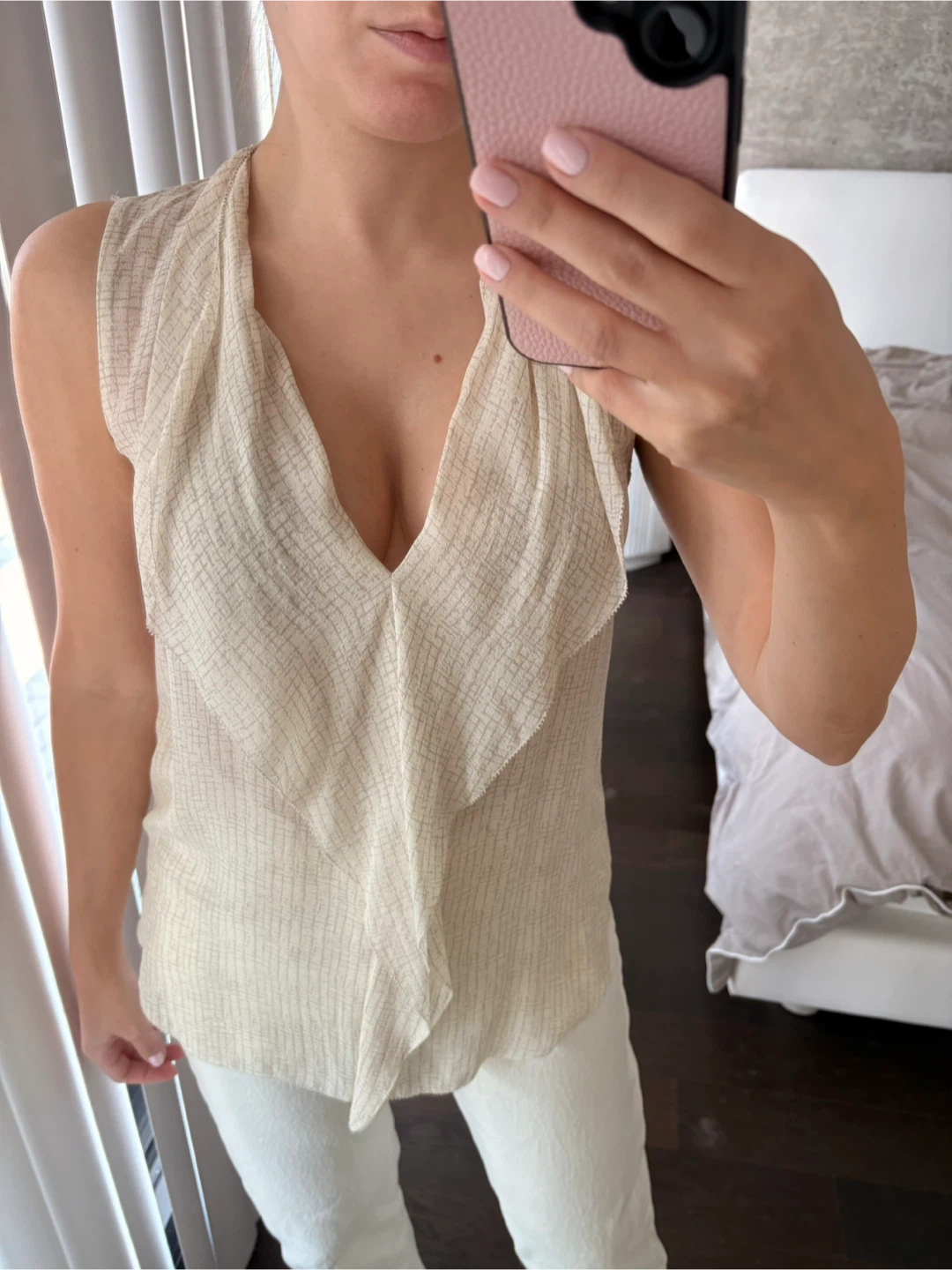 Aritzia Babaton 100% SILK Beige Sleeveless Ruffle V-Neck Top - photo 2