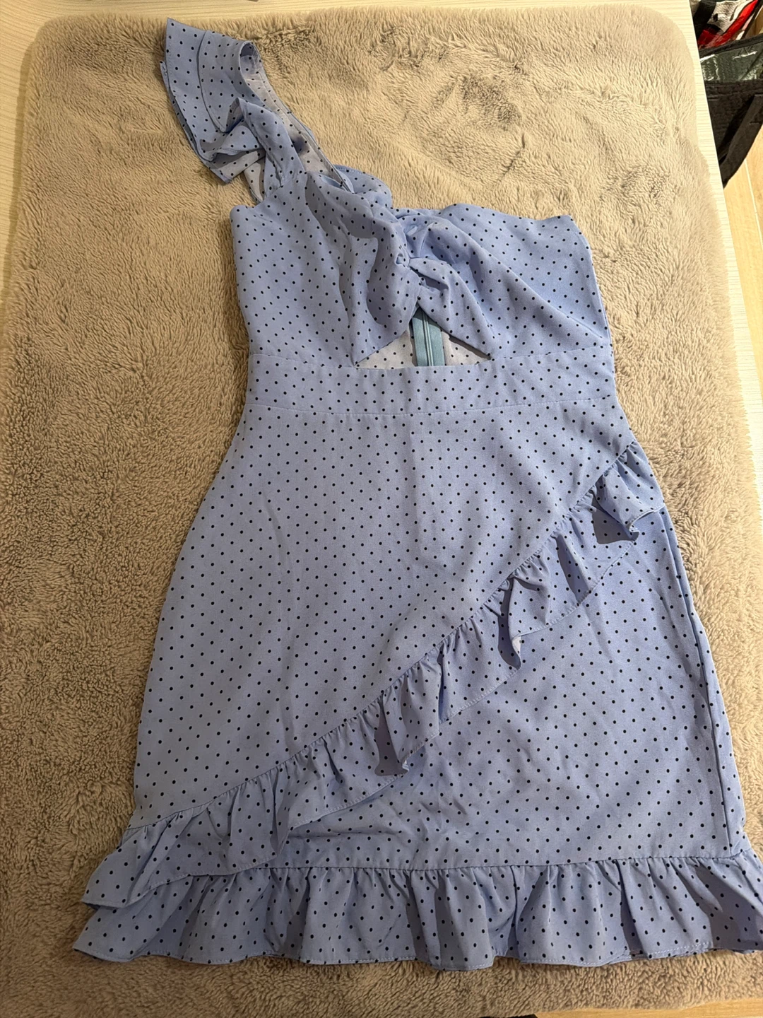 Light Blue Polka Dot One-Shoulder Mini Dress