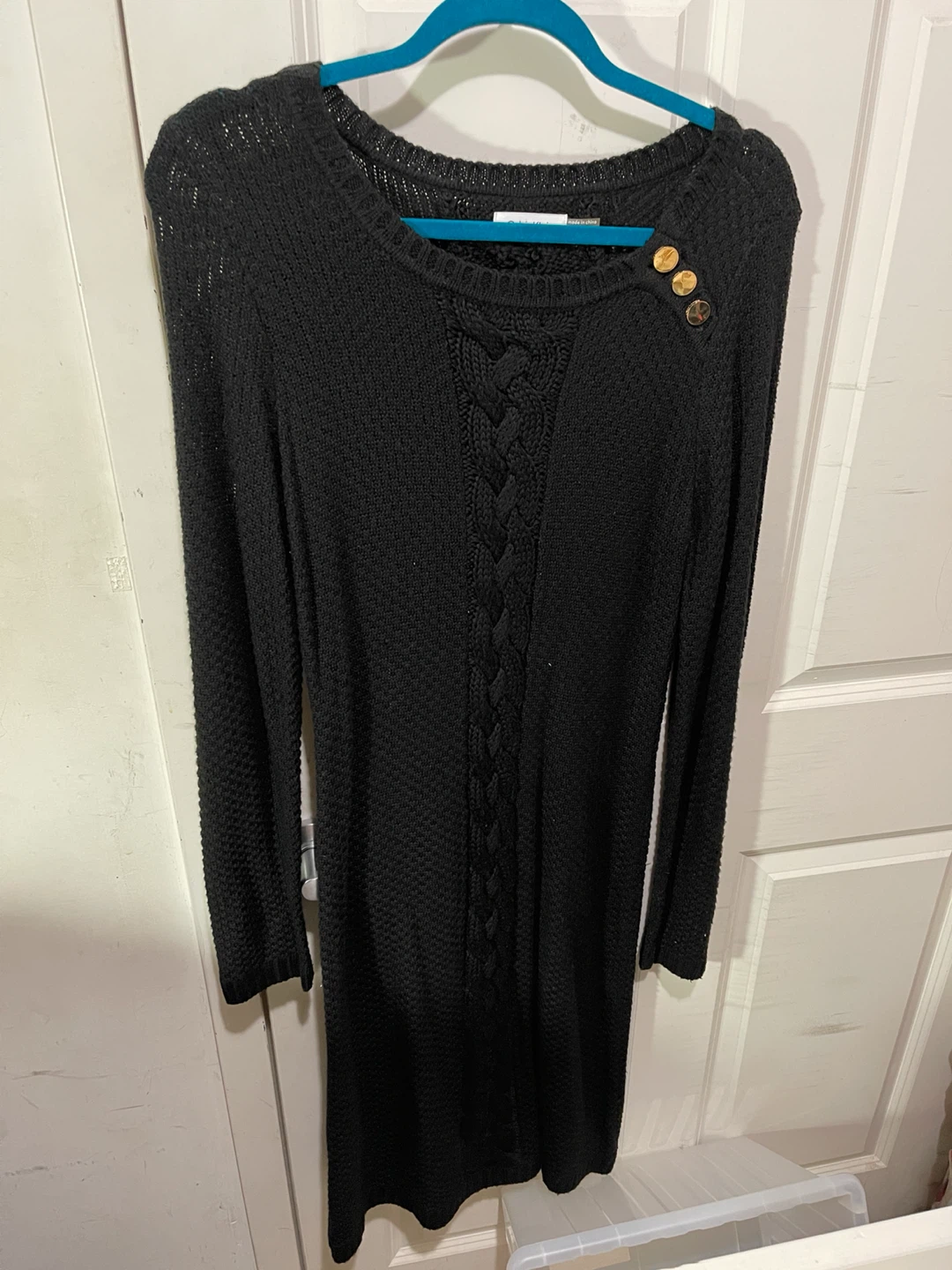 Calvin Klein Black Knit Sweater Dress with Cable Knit Detail