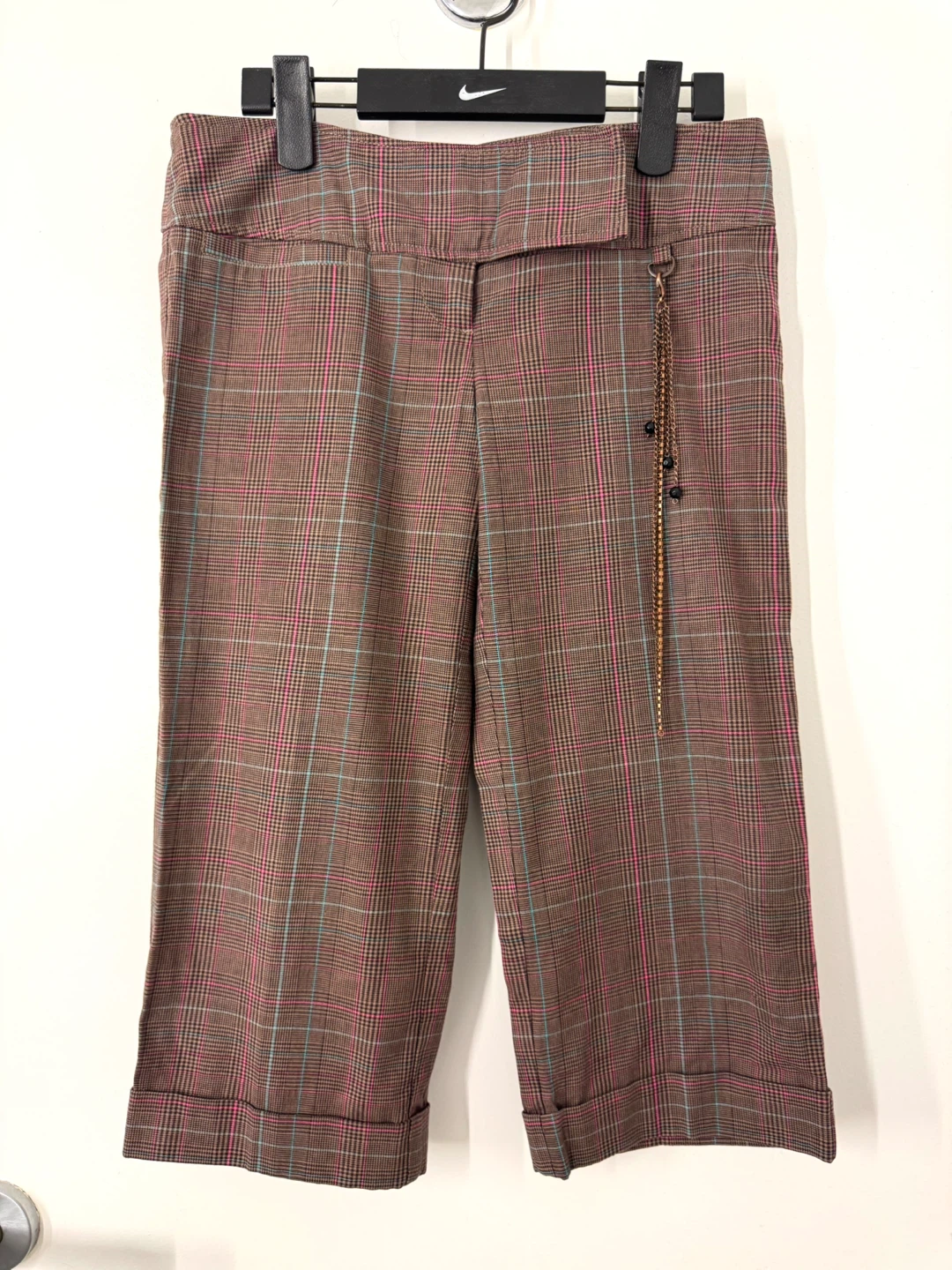 BCBG Plaid Cropped Pants with Chain Detail