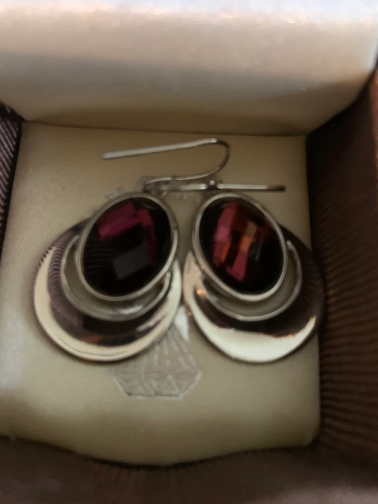 Silver Tone Earrings with Dark Red/Pink Gemstones