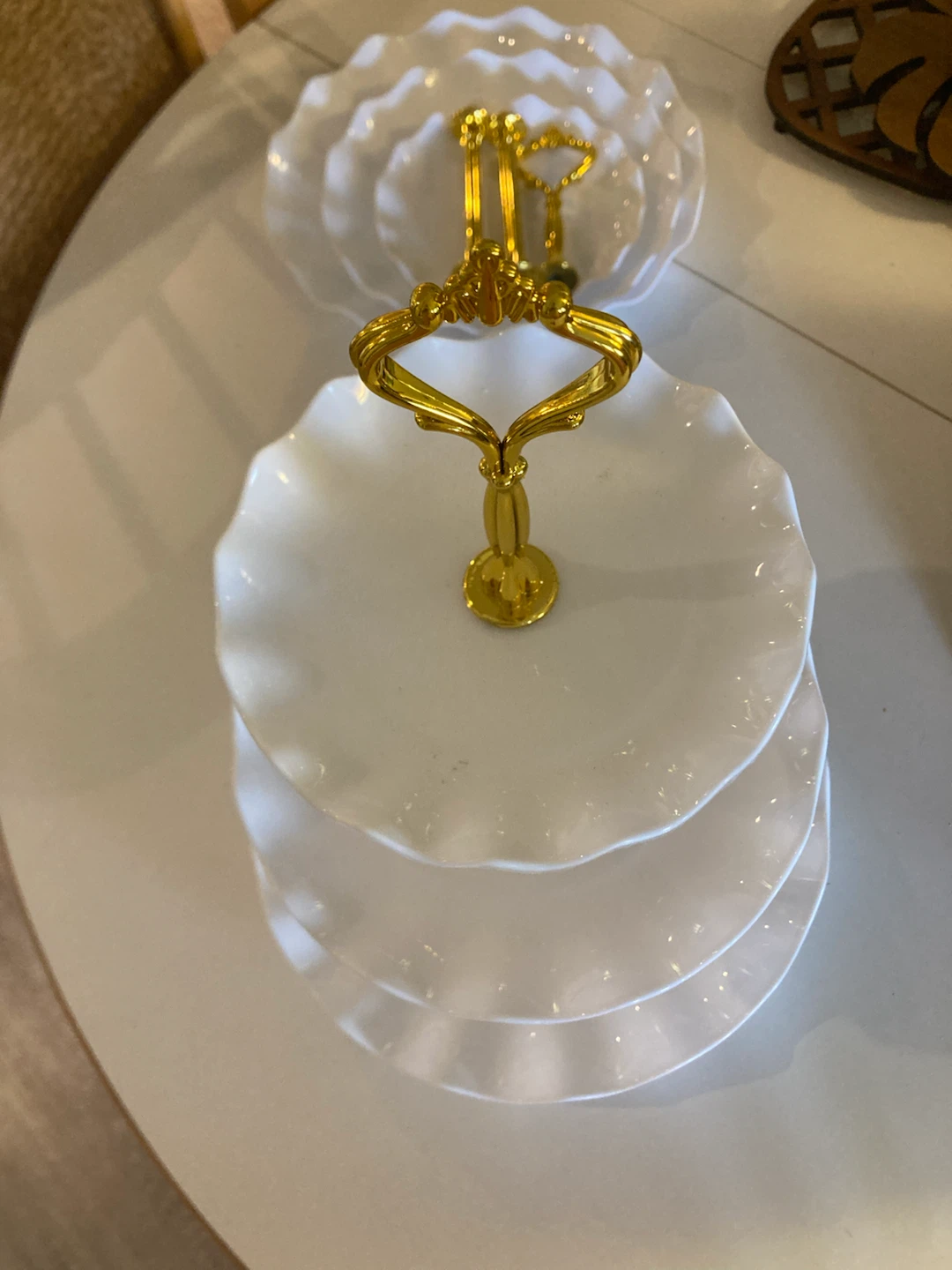 MOVING SALE Elegant 3-Tier White & Gold Dessert Stand (set of 2) - photo 3