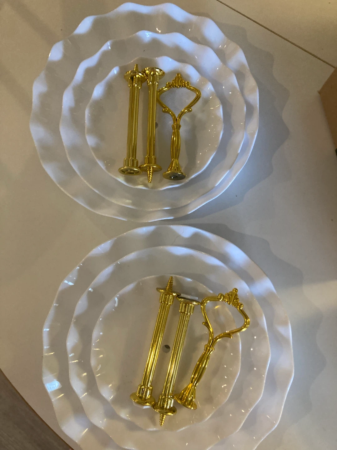 MOVING SALE Elegant 3-Tier White & Gold Dessert Stand (set of 2) - photo 4