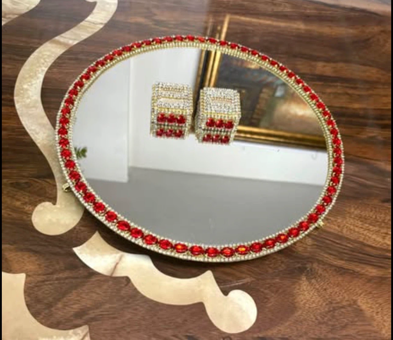 Mirror tray with red beads and gold rhinestones