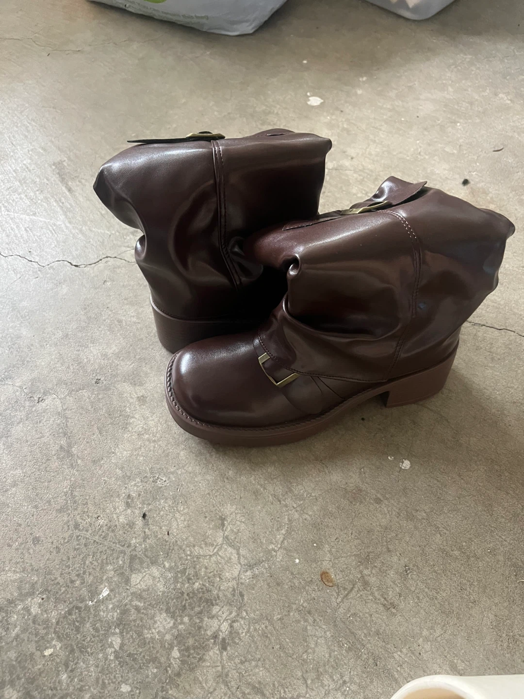 Brown Faux Leather Buckle Boots
