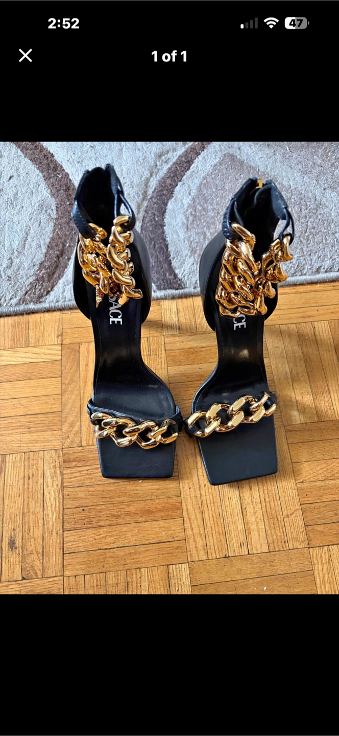 Versace Black Heels with Gold Chain Detail