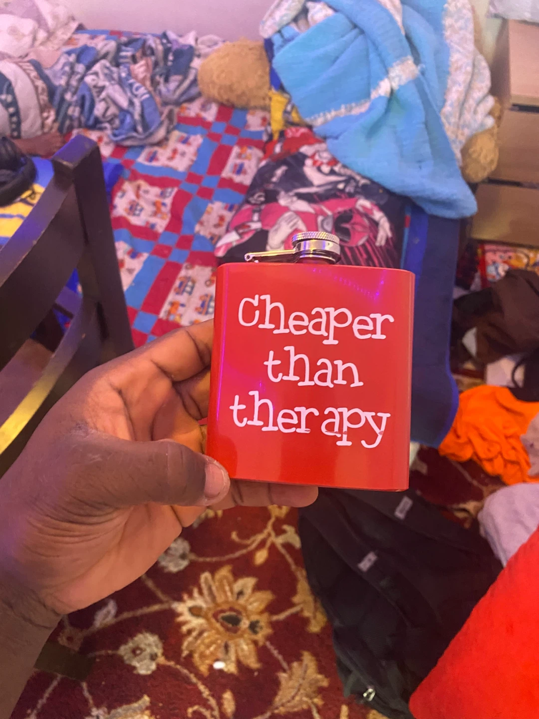 Red "Cheaper than therapy" Flask