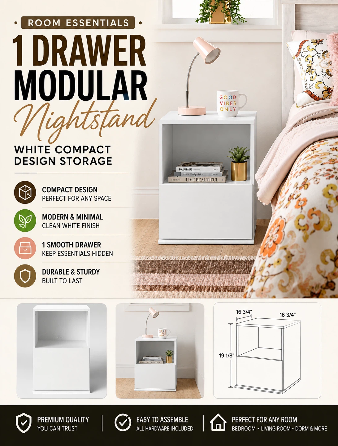 Room Essentials 1 Drawer Modular Nightstand - White
