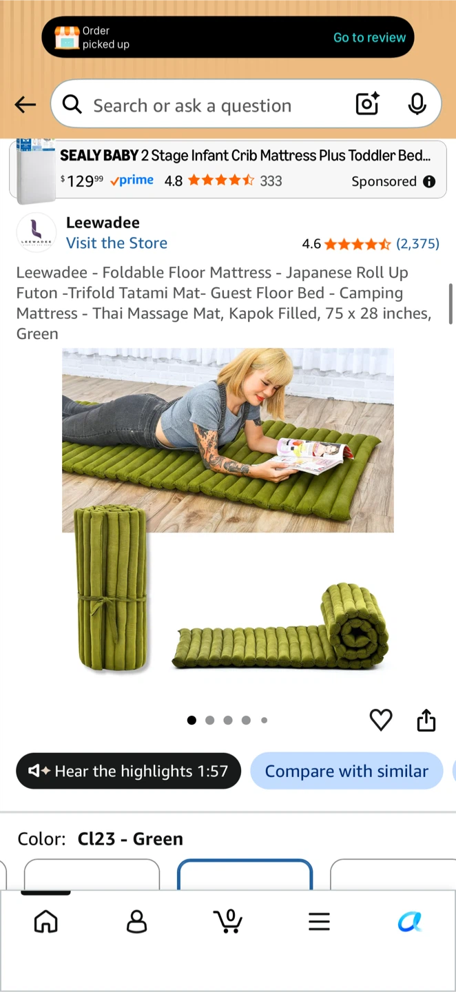 Leewadee Japanese Roll Up Futon - Green, 190cm x 70cm - photo 3