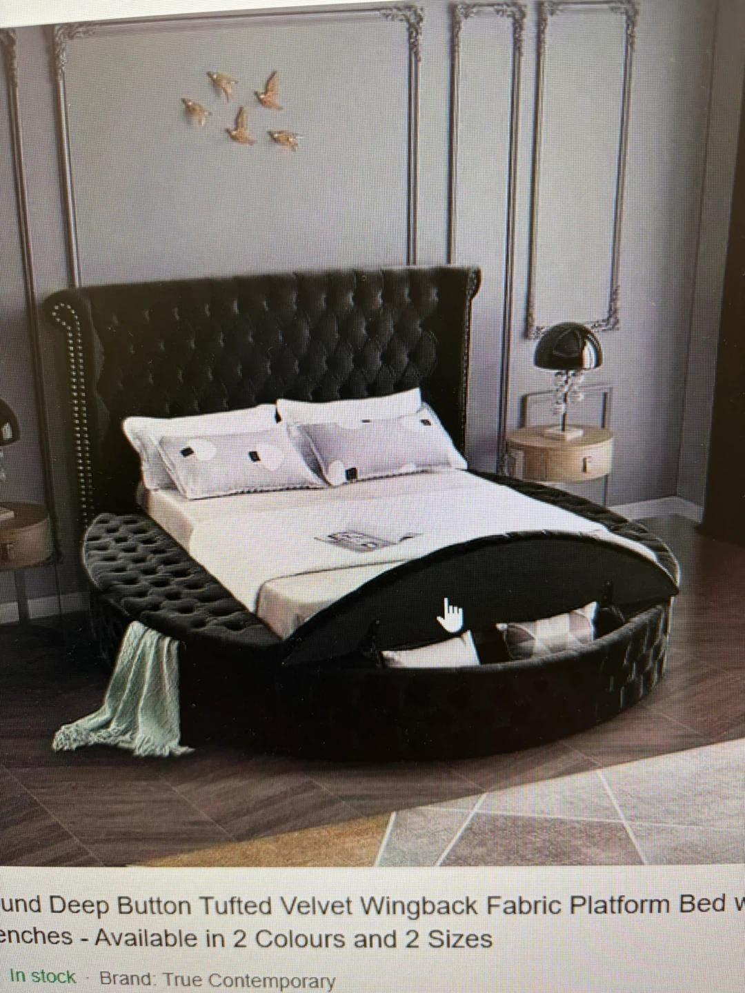 Round Deep Button Tufted Velvet Wingback Fabric Platform Bed - photo 2