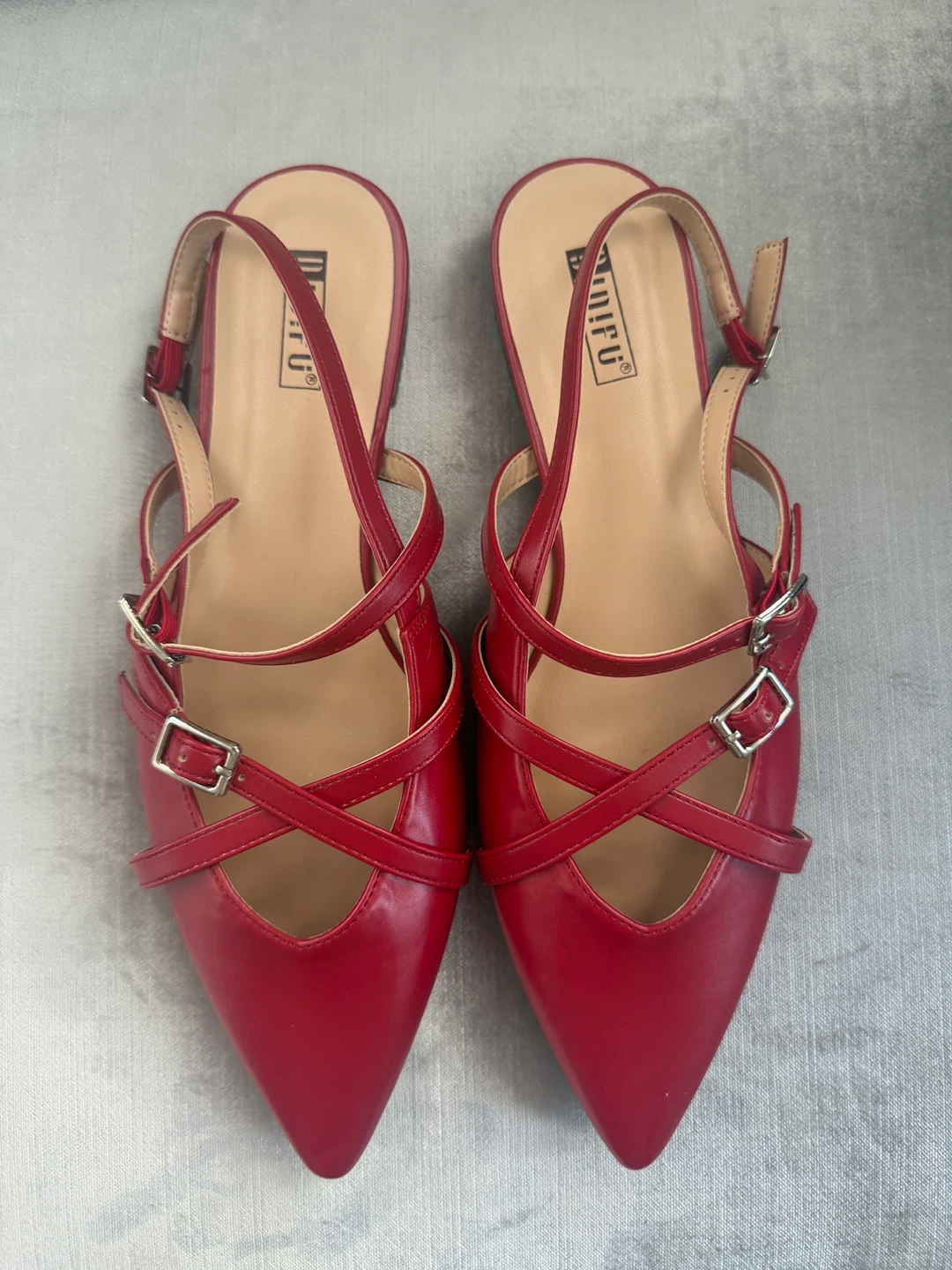 Red Pointed Toe Flats with Straps