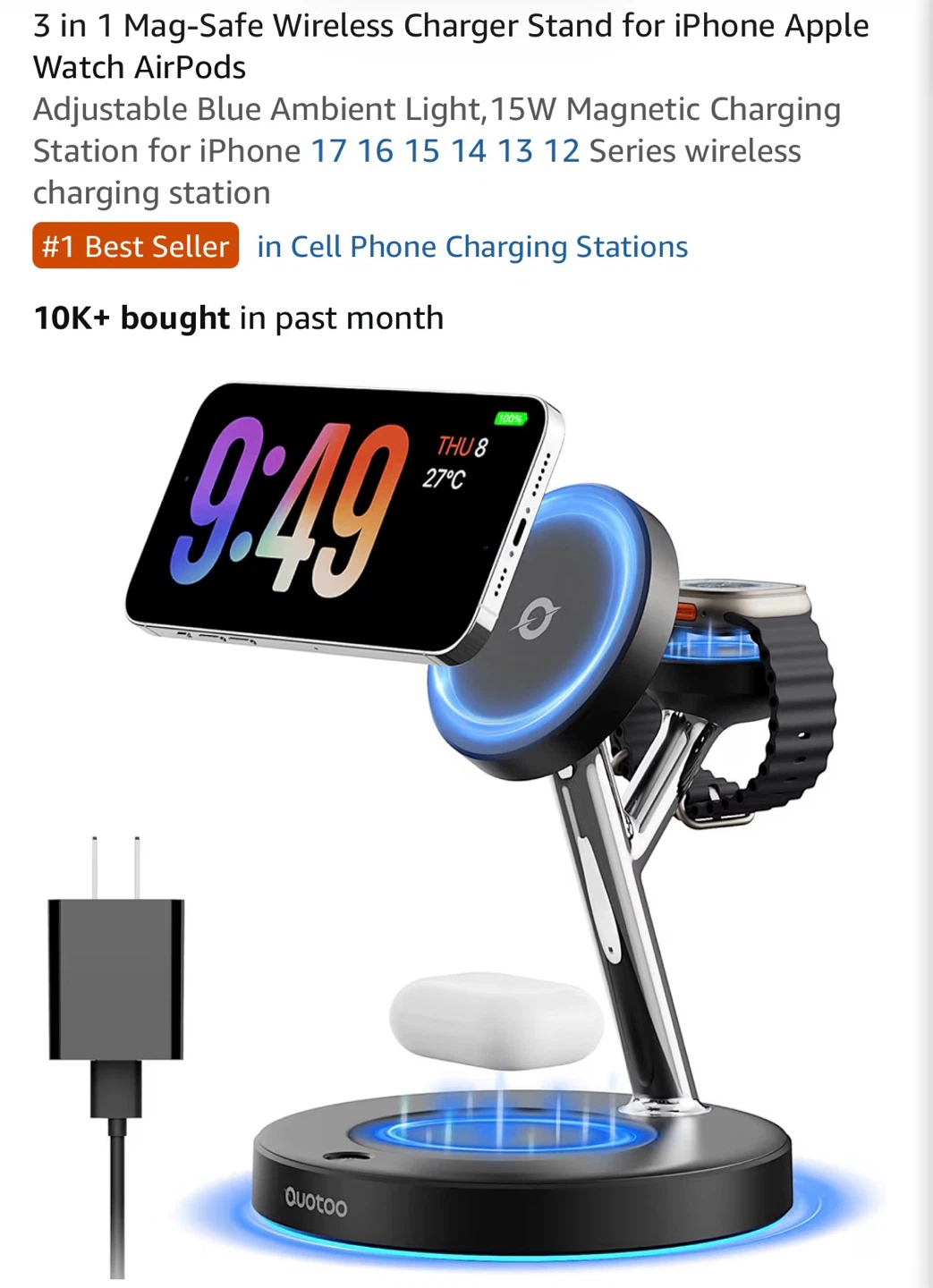 QUOTOO 3-in-1 Mag-Safe Wireless Charger Stand