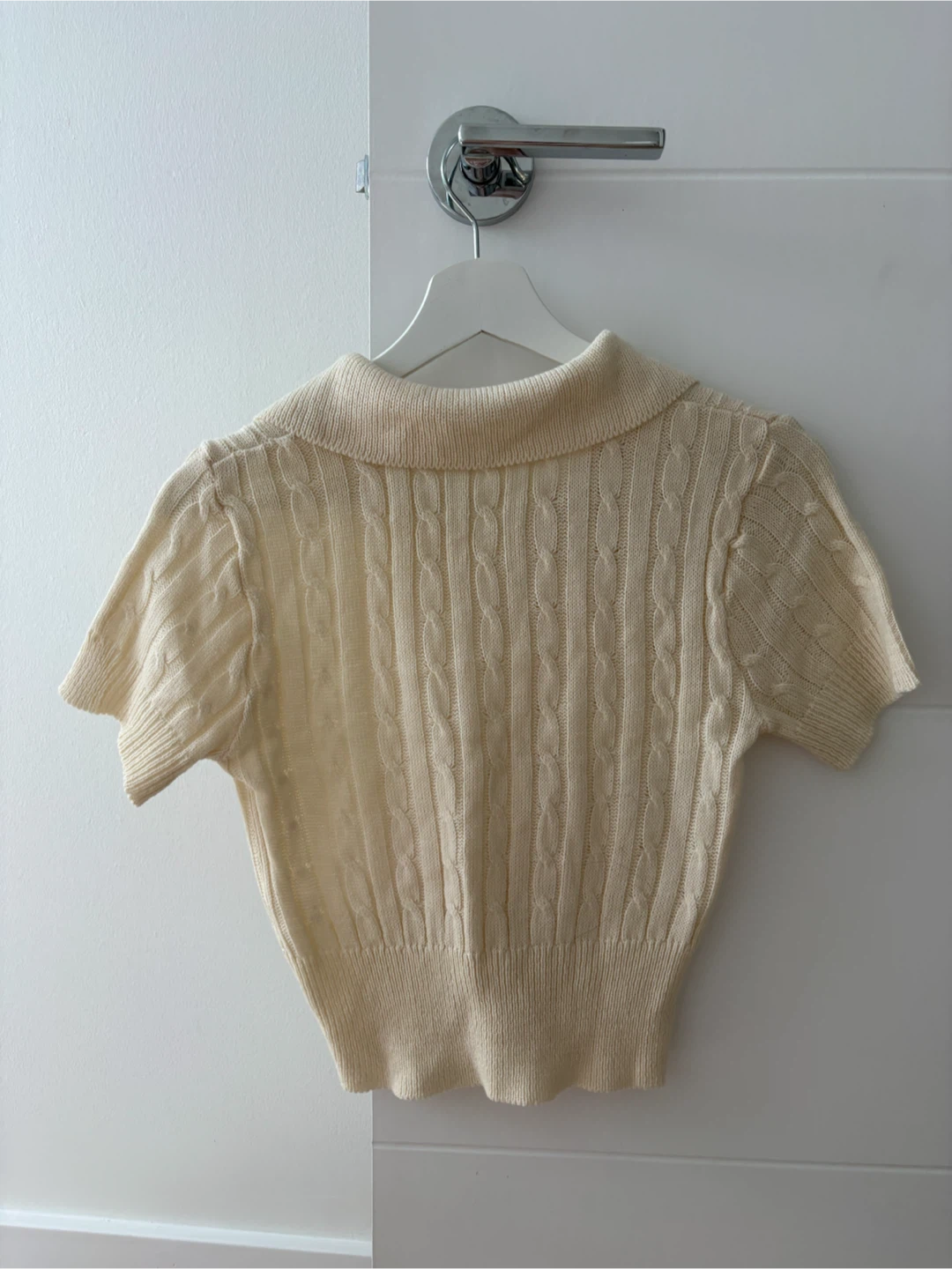 XS- Korean Cream Cable Knit Collared Short Sleeve Top - photo 2