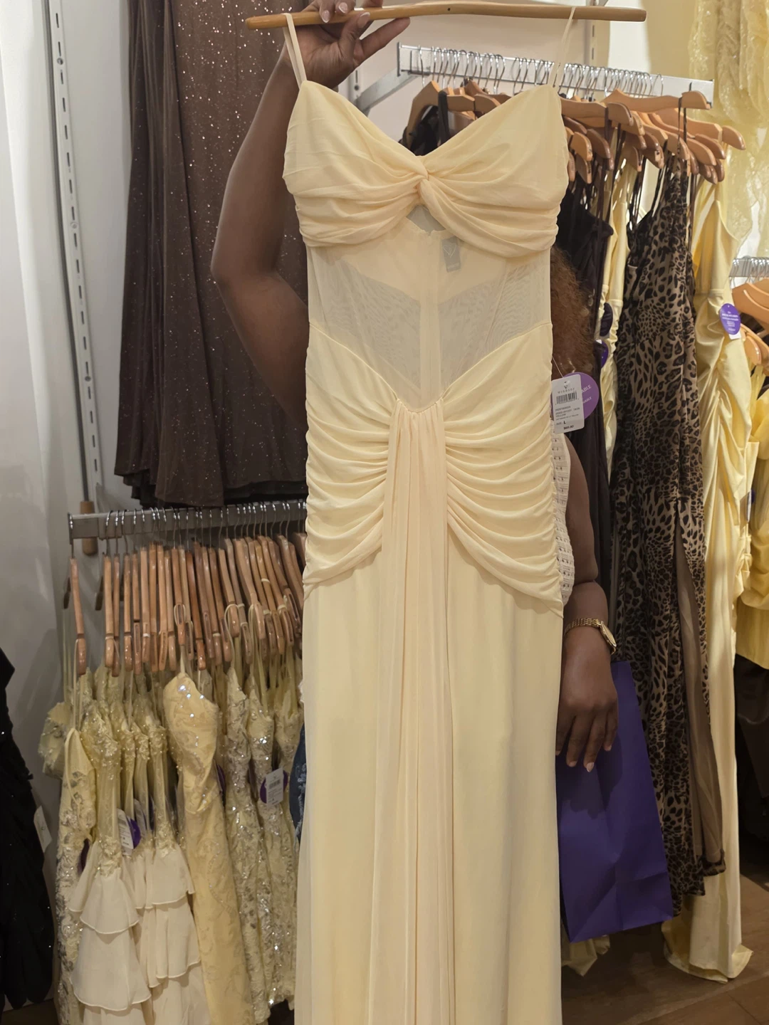 Yellow Ruched Mesh Gown
