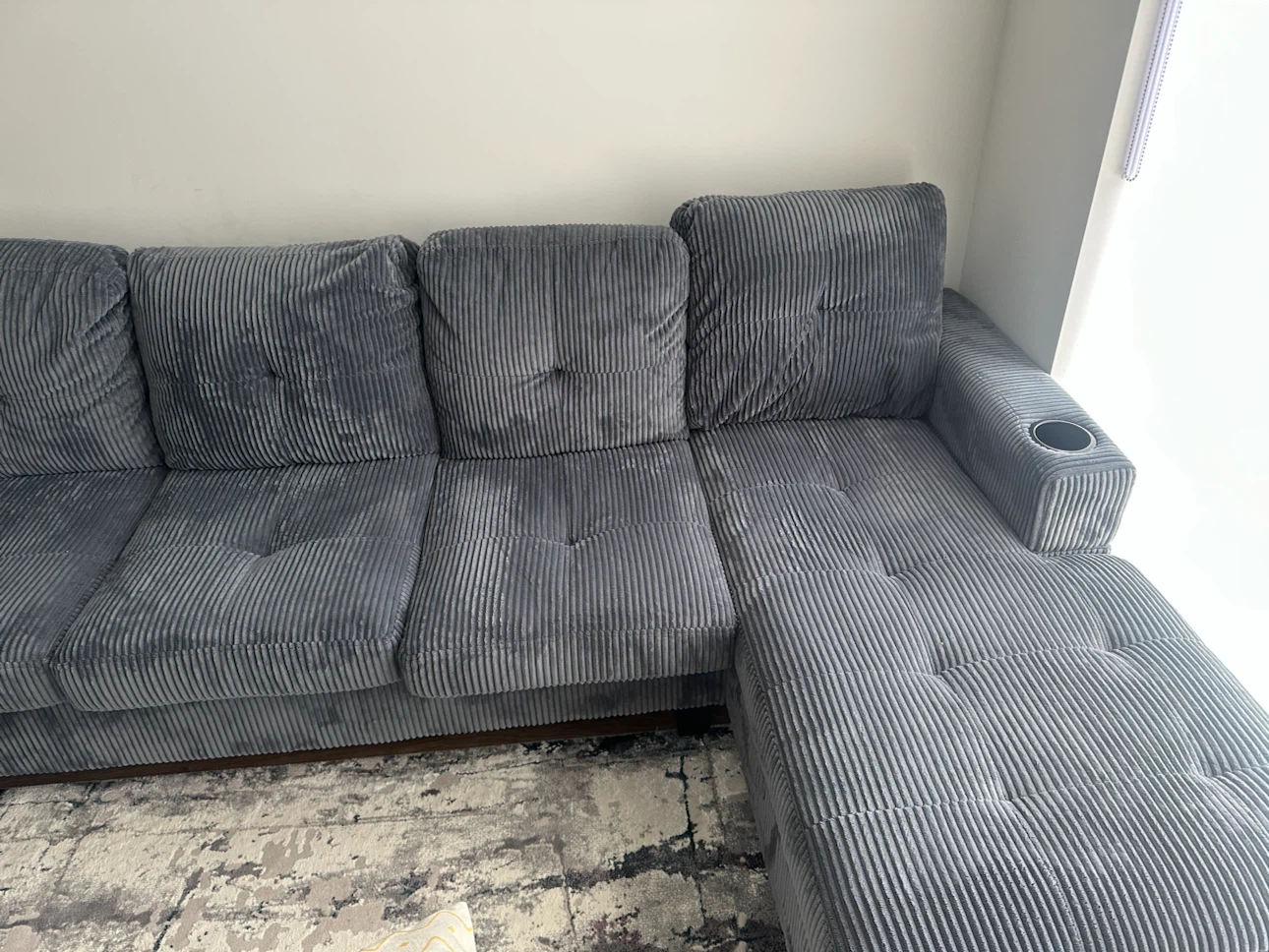 Grey Corduroy Sectional Sofa with Storage