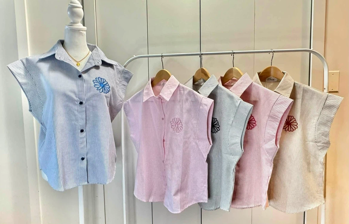 Striped Sleeveless Blouse with Flower Embroidery $25each
