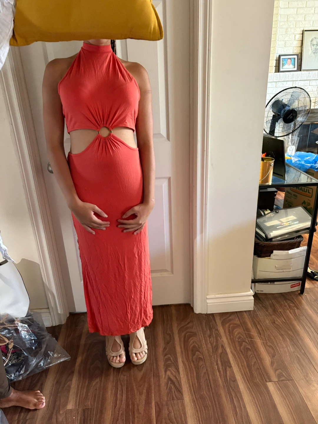 Coral Halter Cutout Maxi Dress